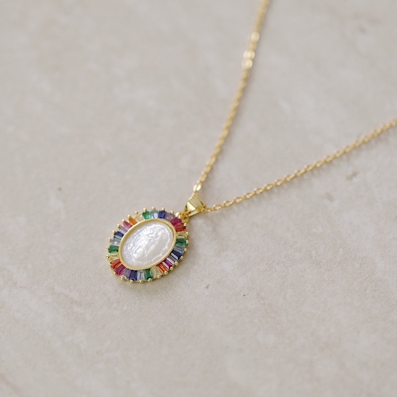 Rainbow Virgin Mary Necklace | 14k Gold Plated - Picture 4 of 6